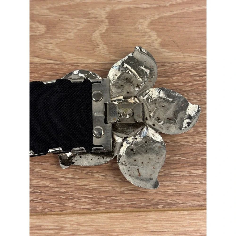 Stretchy‎ Elastic Belt Rhinestone Flower Buckle Silver Tone Glamorous Statement